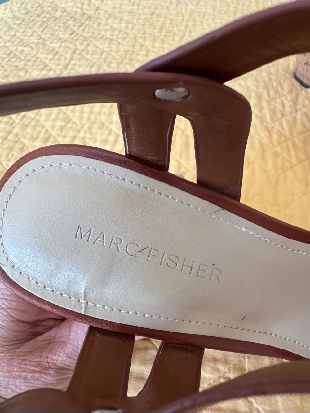 Marc Fisher Cognac Leather Cork Wedge Sandals
